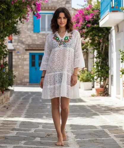 Vestido India Bordado Boho  Blanco Encaje Único