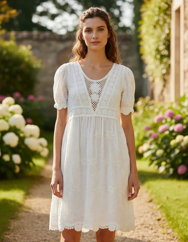 Vestido  Importado Crochet Bordado Boho Blanco Bordado S