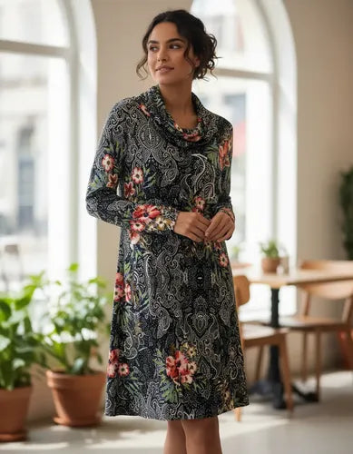Vestido De Lanilla Estampado Negro Flores Rojas Estampado M