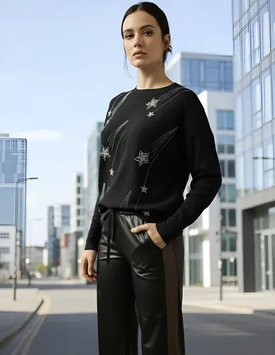 Sweater Tejido Importado Detalles  Strass Estrellas Negro U