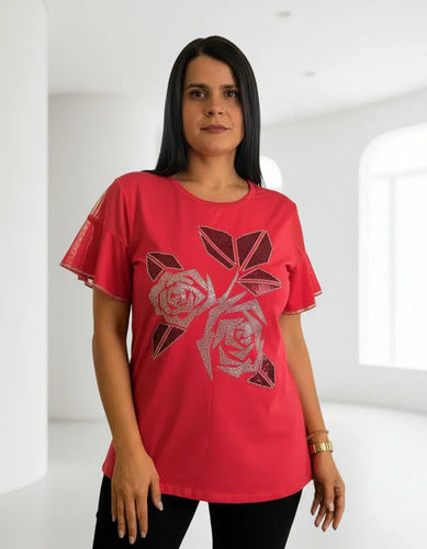 Remera  Modal Strass  Rosas Importada  Fucsia Rosas Xl Liso