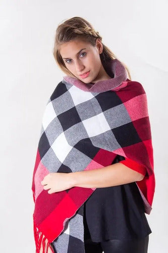 Ruana Poncho Reversible Escocesa Para Mujer Rojo Cuadros Único