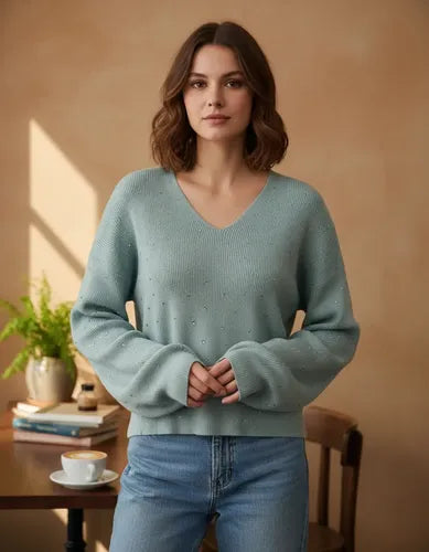 Sweater Tejido Morley Mangas Globo Y Hotfix Verde Agua Hotfix Único