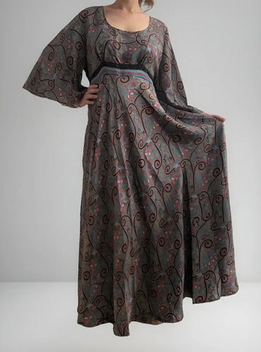 Vestido Largo Fiesta Importado Seda Hindú Amplio Gris Estampado Único