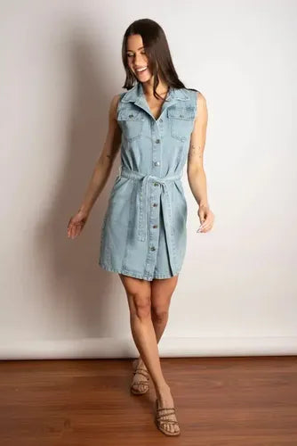 Vestido De Jean Rigido Sin Mangas Celeste Liso S