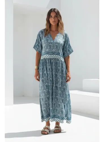 Vestido Largo De Seda Hindú Modelo Amplio Mod. 04 Azul Acero Estampado Único