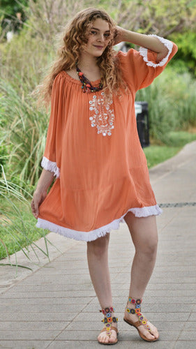 Vestido De Bambula Bordado Modelo Grande Naranja Bordado Único