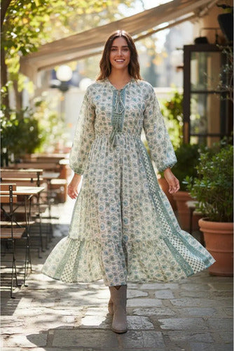 Vestido Largo De Seda Hindú Mod. 3 Crema Con Verde Estampado Único