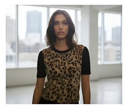 Sweater Manga Corta Tejido Y Piel Animal Print Chaleco