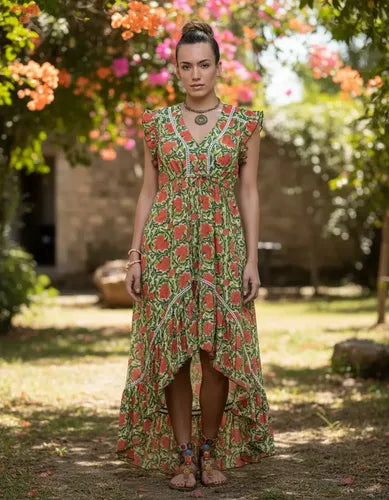 Vestido  Largo Irregular Importado  Boho Estampado India