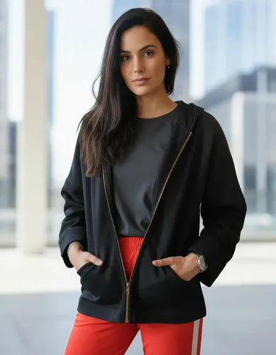 Campera Jogging Ag Sore Mujer Oversize Con Capucha Negro S Lisa