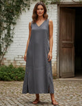 Vestido De Lino Abotonado A Los Costados Midi Gris Lisa Único