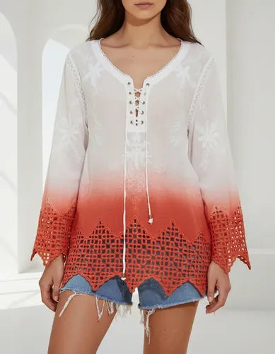 Blusa Camisa Puntilla Importada Batik Boho Hippie Chic Blanco Con Coral Batik L
