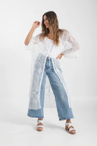 Kimono Boho Largo Amplio Blanco Único