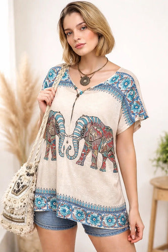 Blusa Remera Elefantes Importada Talle Grande Beige Único