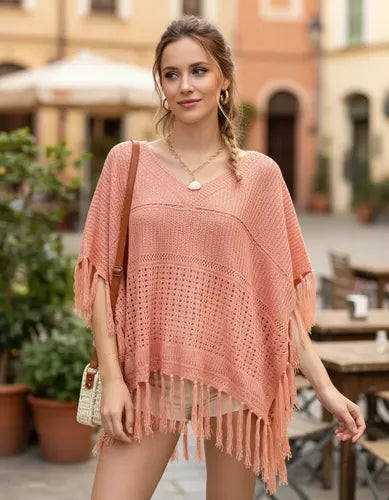Poncho Ruana Sweater  Tejidos Boho Rosa U