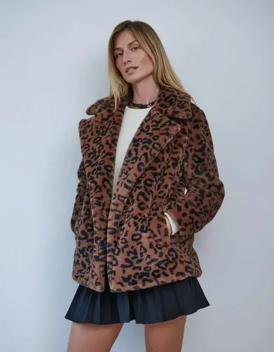 Saco Campera Chaqueta Piel Sintética Animal Print Marrón Oscuro Único Animal Print