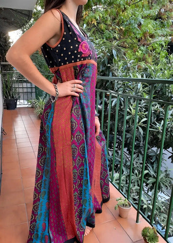 Vestido Largo Bordado Importado Boho Estilo Vars Negro Estampado L