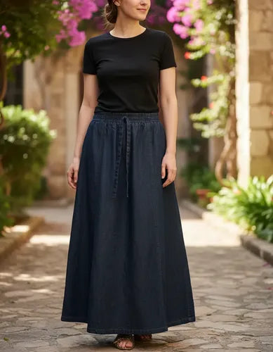 Pollera Falda De Jean Larga Evasé Azul Liso 4