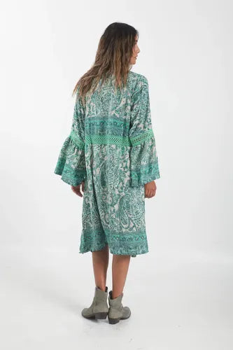 Vestido De Seda Hindú Y Puntilla Mangas Oxford Midi