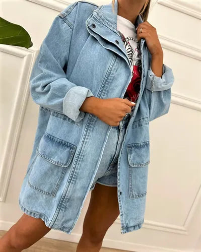 Saco Largo Jean Campera Camisaco Oversize Denim Talle Grande Gris 38 Liso