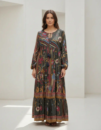 Vestido Largo Seda Hindú Manga Larga Nuevo 2da Selección Multicolor Estampado Único