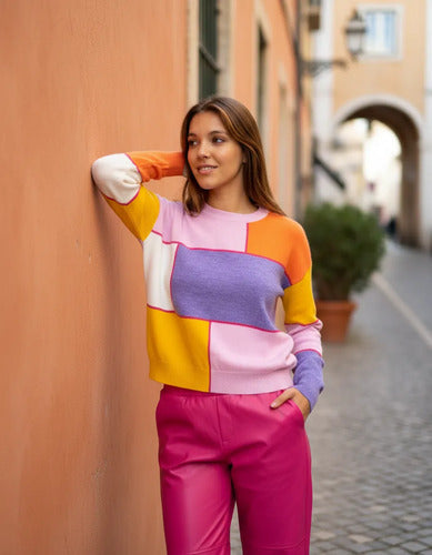 Sweater Tejido Diseño Cuadros Colores Rosa Único