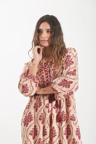 Vestido De Seda Hindú Largo Mod. 31 Rosa Estampado Único