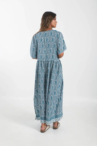 Vestido Largo De Seda Hindú Modelo Amplio Mod. 04 Azul Acero Estampado Único