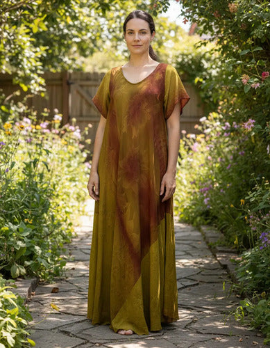 Vestido Largo Seda Hindú Modelo Amplio Xxxl C/bolsillos Marrón Estampado Único