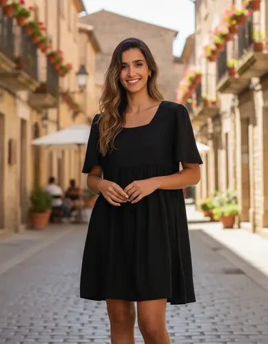 Vestido Negro Manga Corta De India Negro Lisa Único