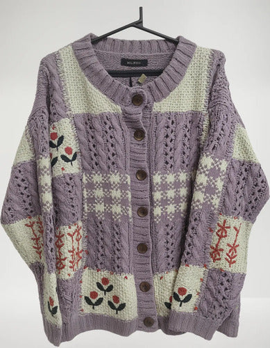 Saco Cárdigan Tejido Amplio Bordado Folk Boho