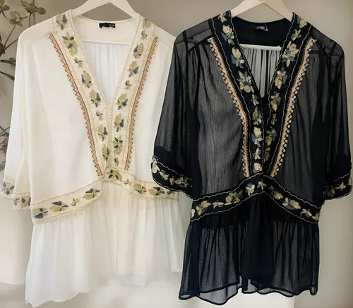 Blusa Camisa Tunica  Bordada Importada India Folk Tipo Vars Negro S