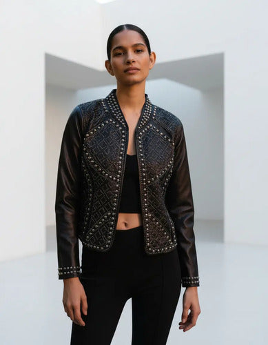 Campera Saco Chaqueta Eco Cuero Negro L Tachas
