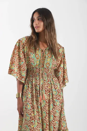Vestido De Seda Hindú Largo Mod. 69 Marrón Claro Estampado Único