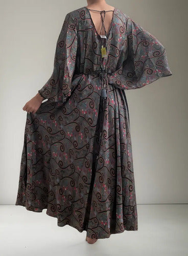 Vestido Largo Fiesta Importado Seda Hindú Amplio Gris Estampado Único
