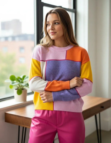 Sweater Tejido Diseño Cuadros Colores Rosa Único