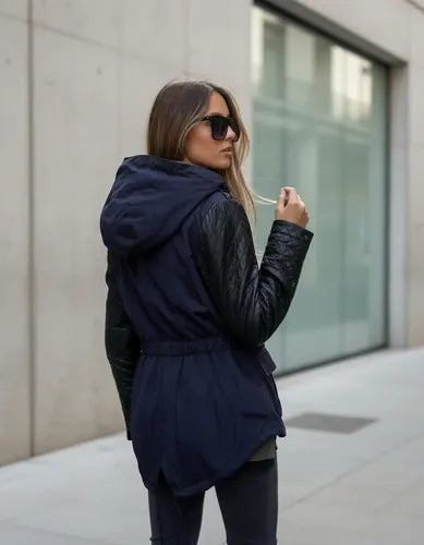 Campera De Gabardina Y Ecocuero + Chaleco Desmontable Azul Oscuro M Lisa