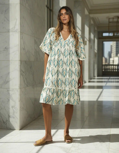 Vestido De Seda Hindú Corto Amplio Mod. 49 Crema Estampado Único