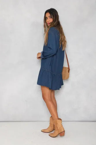 Vestido De Jean Con Volado Manga Larga Talle Grande Azul Lisa Xxl