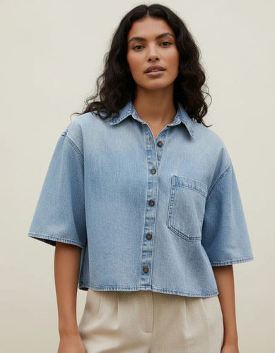 Camisa De Jean Denim Manga Corta Modelo Grande