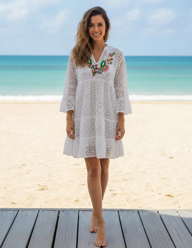 Vestido India Bordado Boho  Blanco Encaje Único