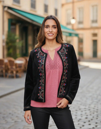 Saco Chiffon Chaqueta Bordada Talle Chico Negro Bordado 36