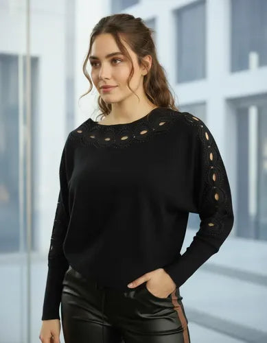 Sweater Tejido Importado Detalle En Brazos Strass  Cod.174 Negro U