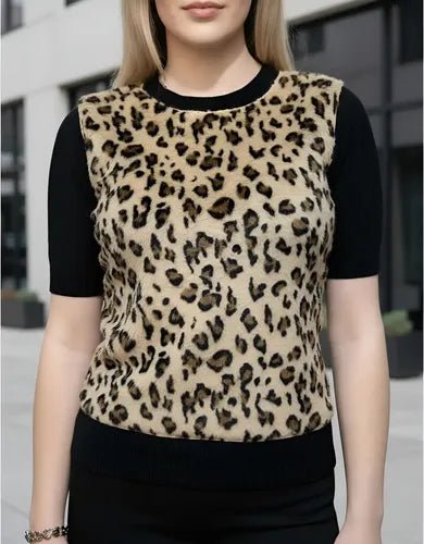 Sweater Manga Corta Tejido Y Piel Animal Print Chaleco