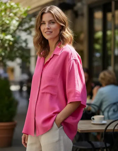 Camisa De Lino Manga Corta Talle Grande Oversize