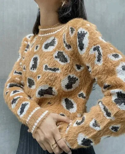 Sweater De Mujer Importado  Animal Print Pelo De Mono Marrón Animal Print Único