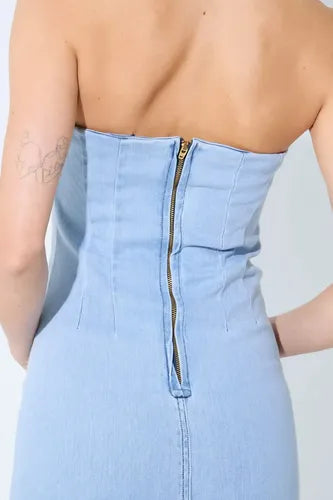 Vestido Strapless De Jean Largo Elastizado Denim S/xs Celeste Lisa S