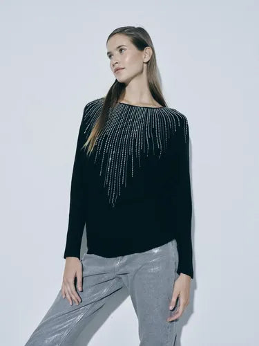 Sweater Tejido Con Strass Importado Nuevo 2da Selección Negro Liso Único