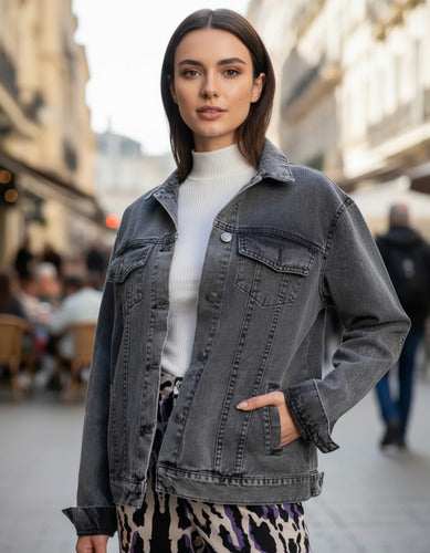 Campera De Jean Denim Basica Jean Rígido Gris Oscuro Xl Lisa